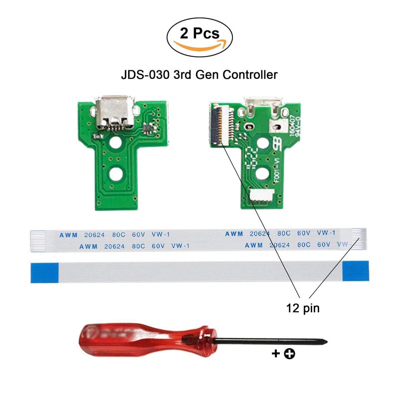 Rinbers Pack of 2 JDS-030 Replacement Charging Port Micro USB Adaptor Charger Socket Circuit Board with 12 Pin Flex Cable for Sony PS4 3rd Gen DualShock 4 Controller - Image 2